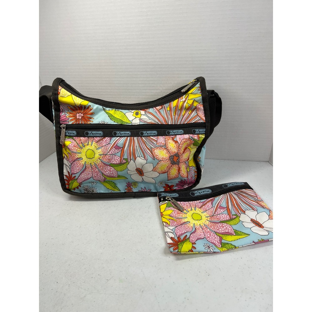Vtg LeSportsac Y2K Hobo Bag Floral Print Blue Pink Crossbody w/ Pouch Set